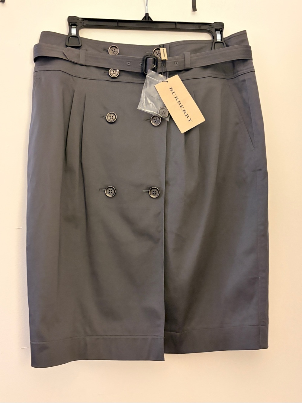 Burberry Charcoal Gray Double-Breasted Belted Pencil Skirt